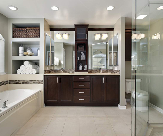 Bathroom with tub and shower and large cabinets