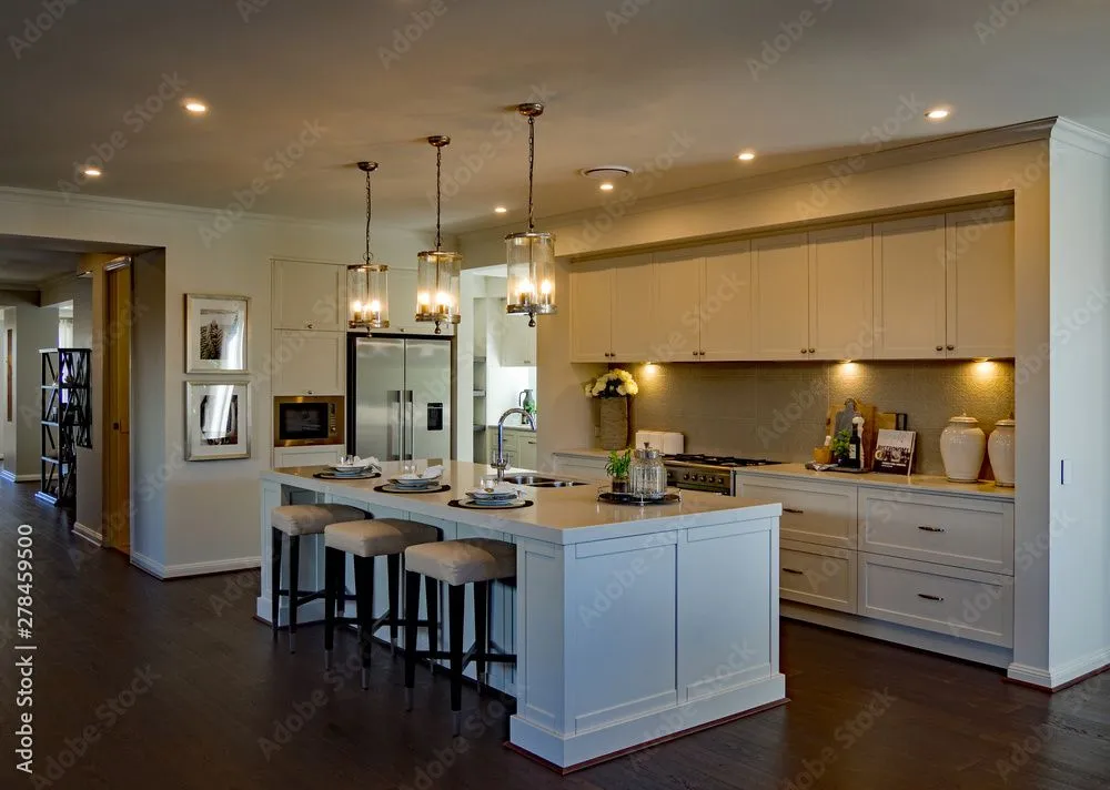 Kitchen with naked bulb pendant lights