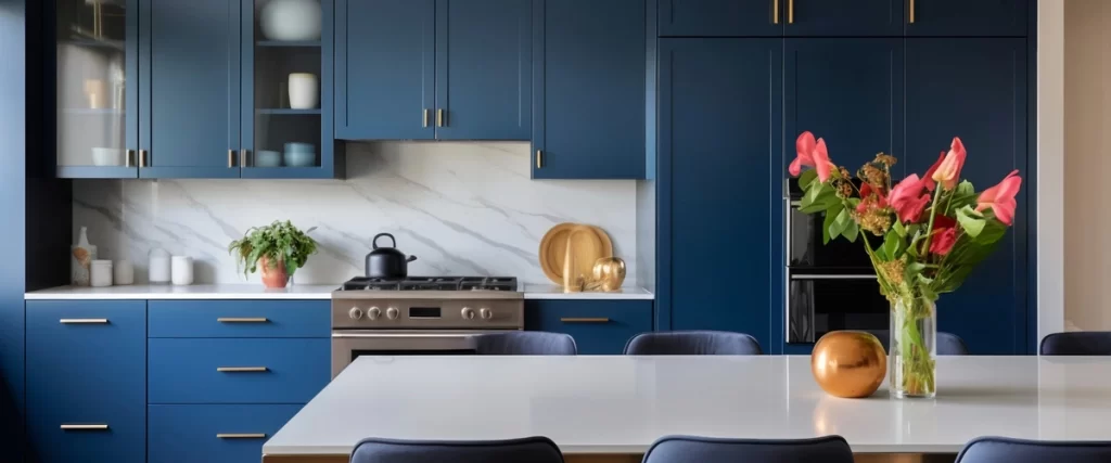 Stylish kitchen with navy blue cabinets and gold handles, complemented by a white marble backsplash and stainless steel gas stove.