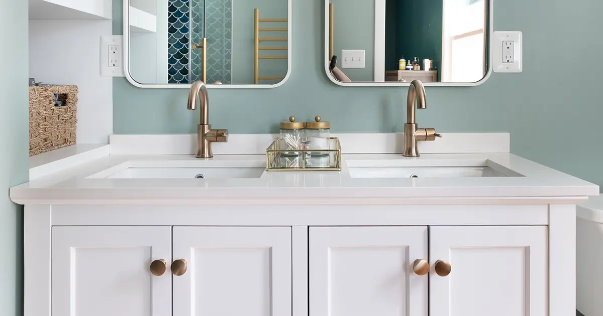 Closeup of white bathroom vanities with golden faucets and handles