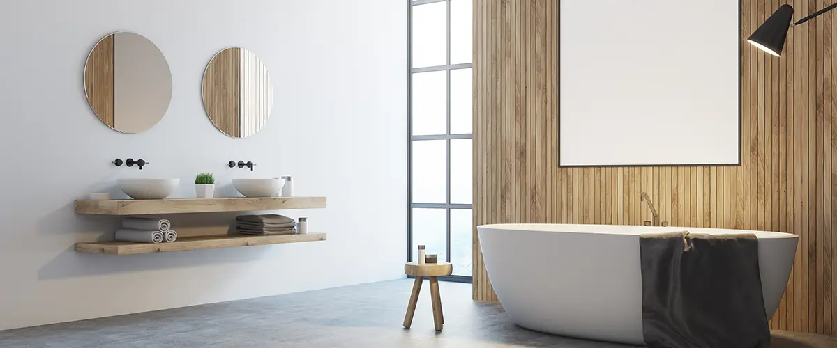 Organic bath with wood features and a tub in Manassas