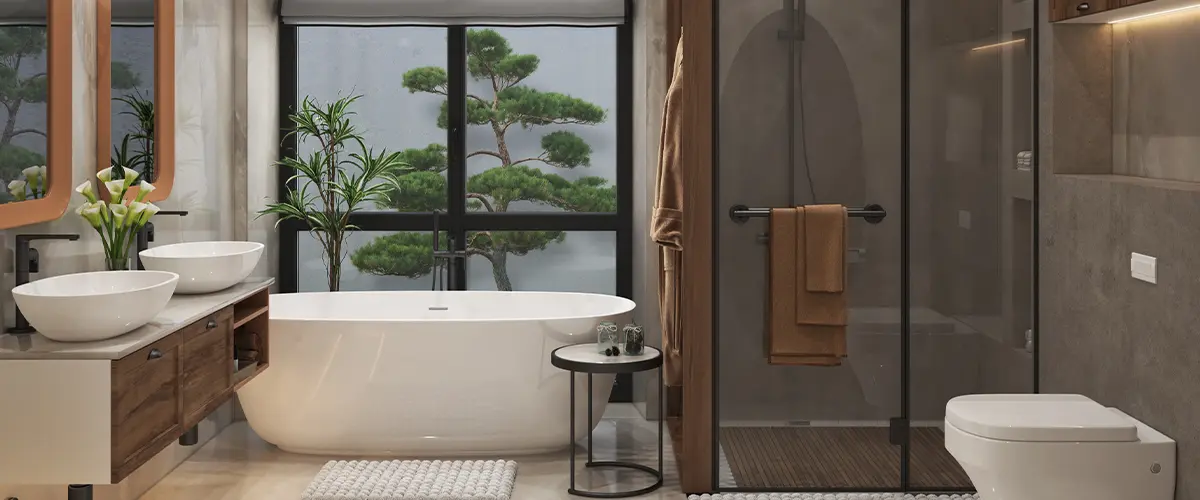 Freestanding tub and walk-in shower with plants