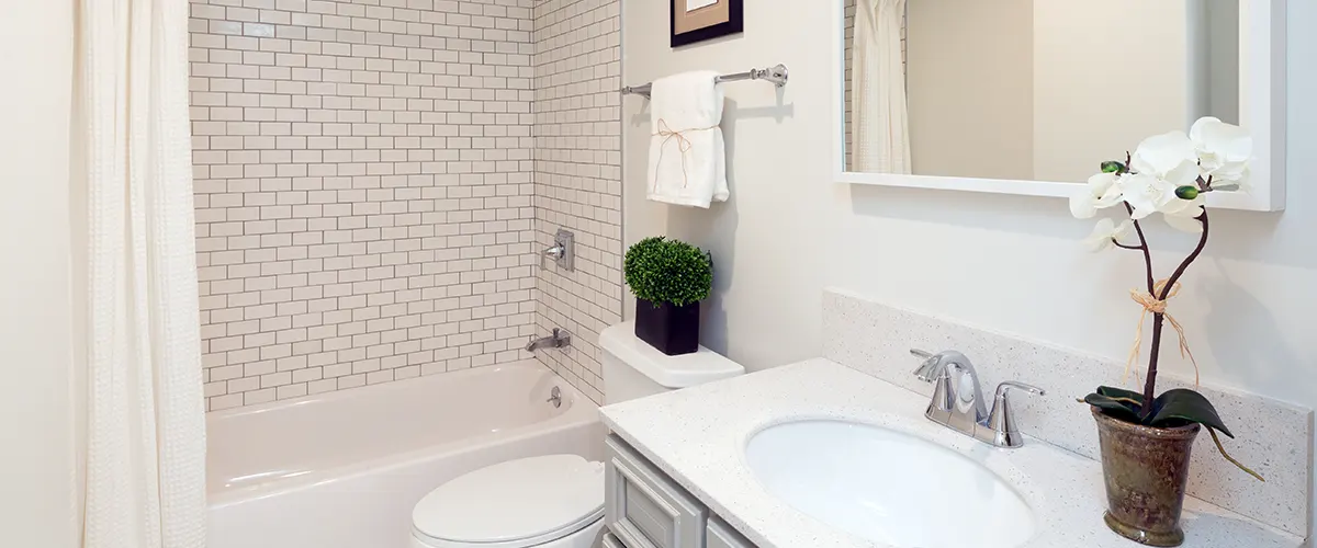 tub to shower in white bathroom