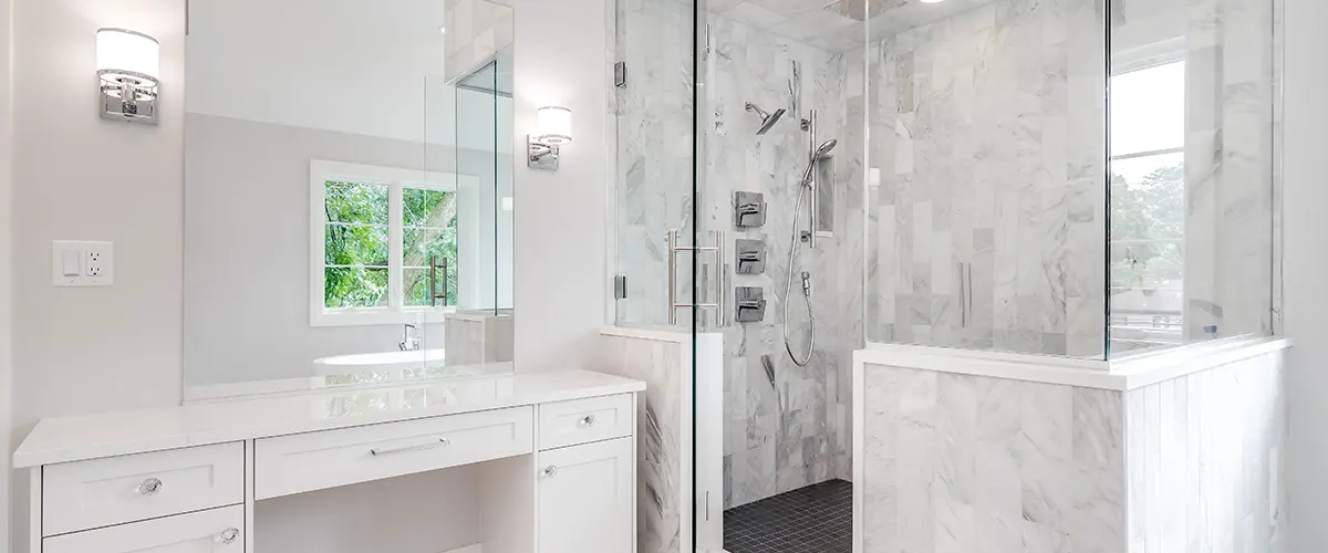 white shower with marble