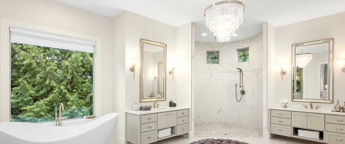 bathroom with chandelier