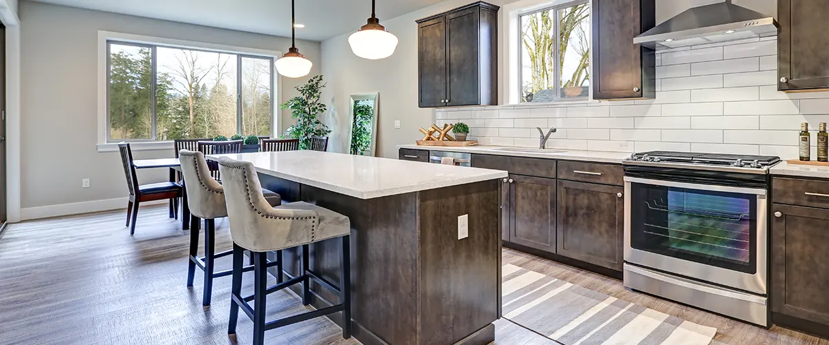 kitchen with brown cabinets and island