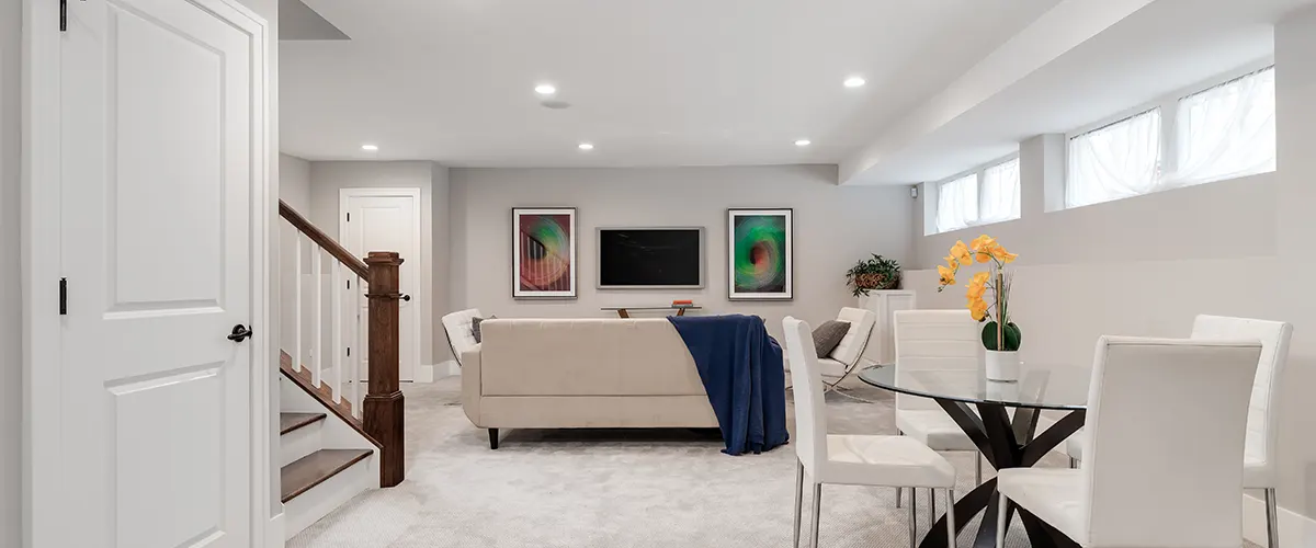 minimalistic white basement renovation
