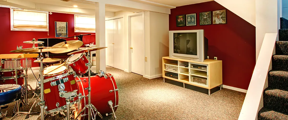 playroom in basement with drums
