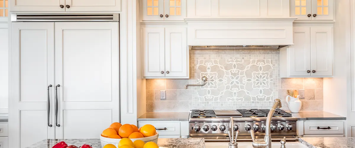 wooden white kitchen cabinets in fancy kitchen