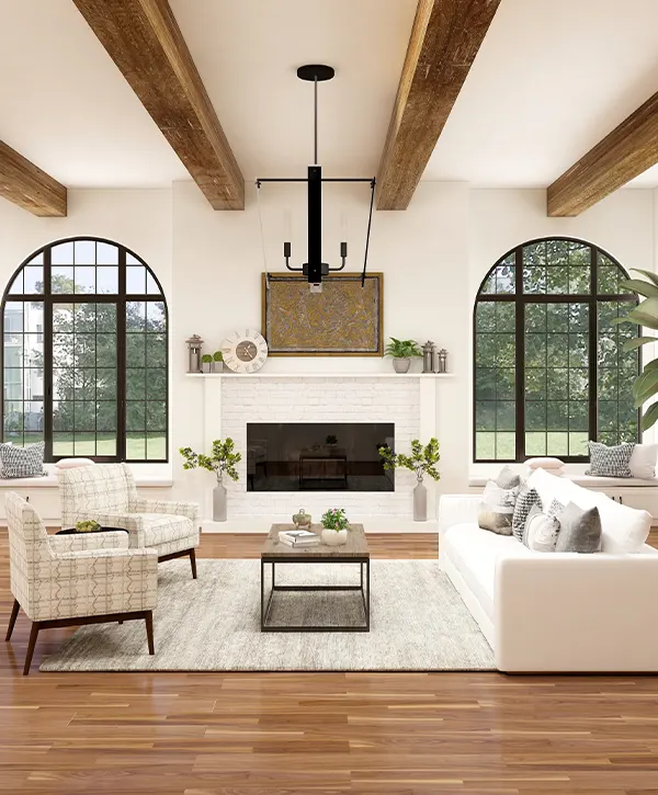 large living room with tall windows