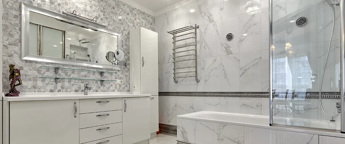 white and grey bathroom with tub