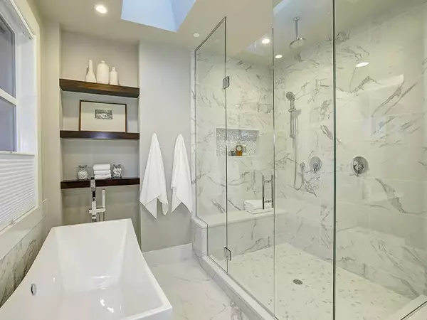 bathroom remodeling project, white modern small bathroom with glass door walk-in shower and bath-tub