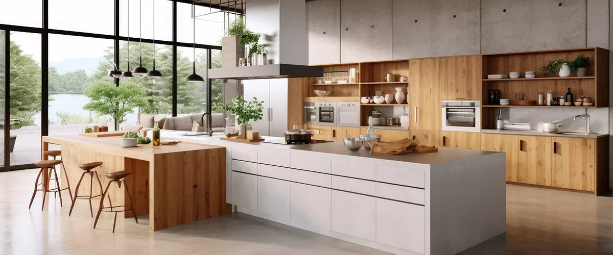 A beautiful interior design of a kitchen with a large island and concrete countertop