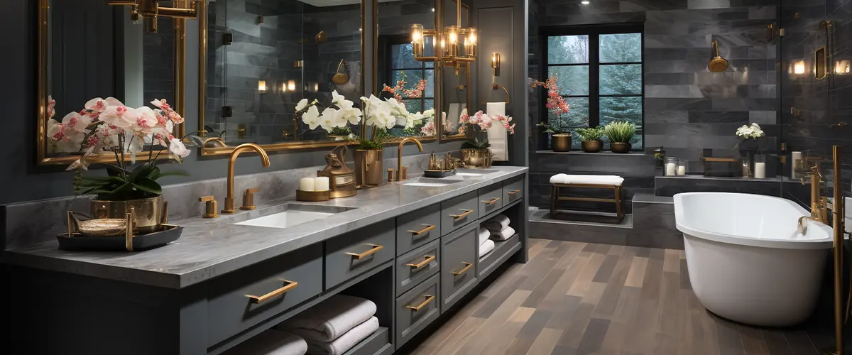 Luxurious bathroom with a double vanity, marble countertops, elegant brass fixtures, and a freestanding tub, enhanced by warm lighting and decorative orchids