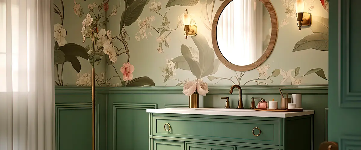 A bathroom with a green vanity and floral wallpaper.