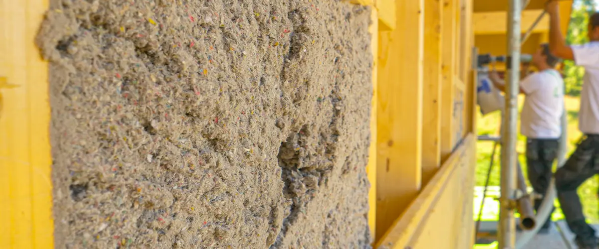 A group of workers blow cellulose insulation into the wooden walls.