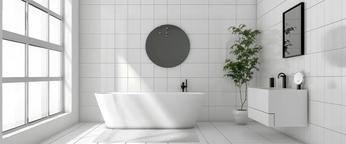 white tiles black grout bathroom, Elegant glossy white tiles with black grout in a bathroom