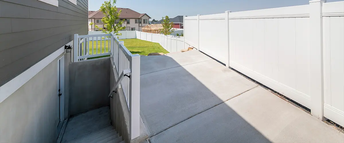 Entrance stairs to the basement of a house with white door and railings