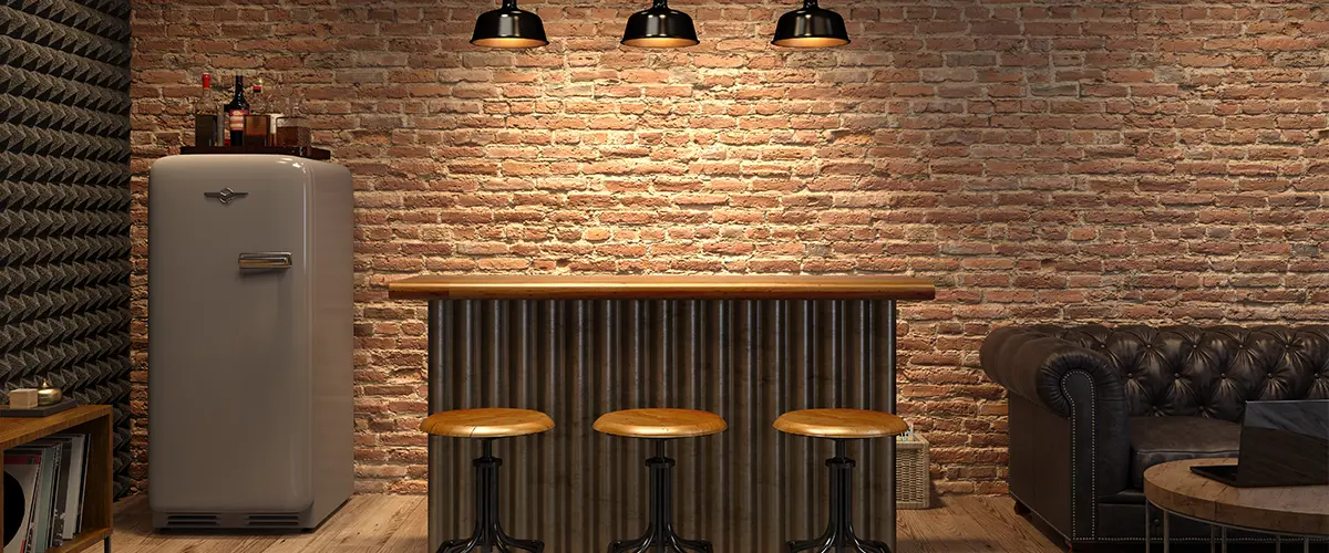 Home Vintage-style bar, brick wall, pendant lights, retro fridge.