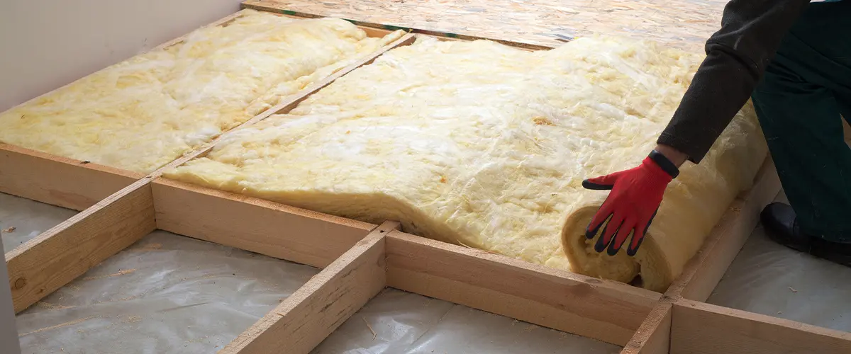 Installing fiberglass insulation in floor joists, demonstrating Cellulose vs Fiberglass Insulation The Ultimate Insulation Face-Off