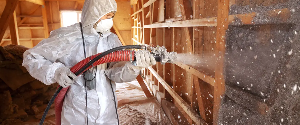 Insulation of a frame house. Spraying cellulose insulation on the wall.