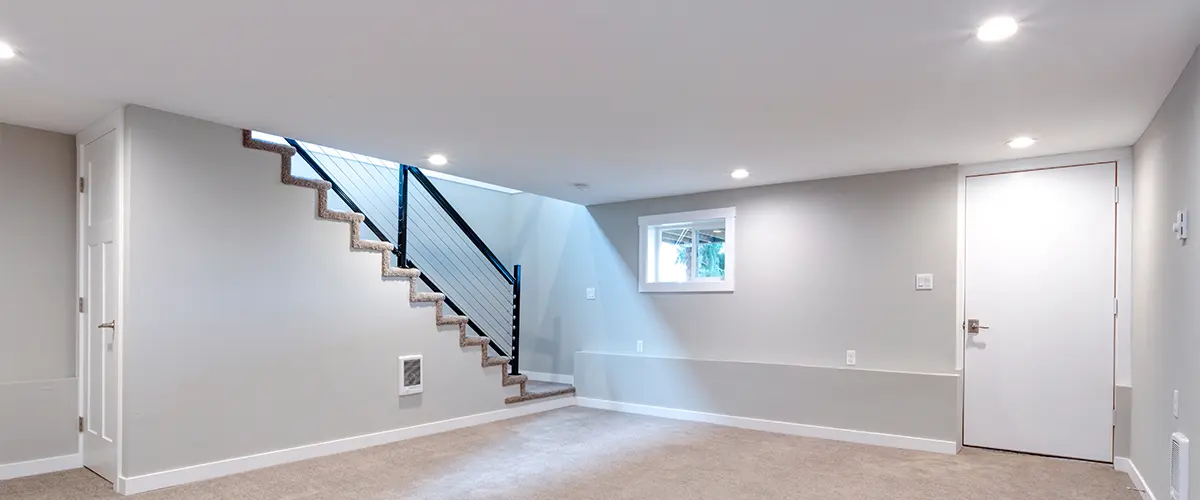 Modern basement interior, beige carpet, white walls, staircase, blue railing.