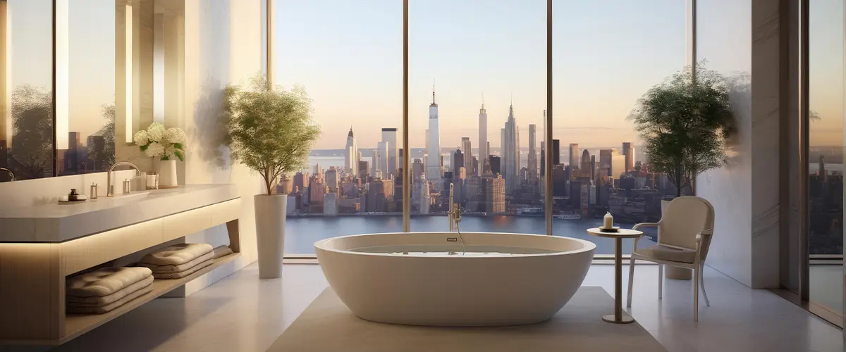 Modern open concept bathroom with expansive view of cityscape