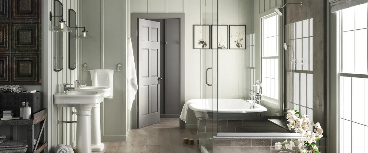 Open concept bathroom with freestanding tub, glass shower, and wooden floors, showcasing Open Concept Bathroom Vs. Traditional Layout