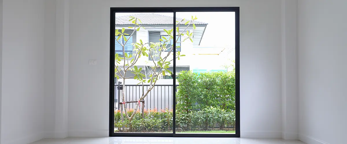 slide glass door with small garden landscaping in front of a new house