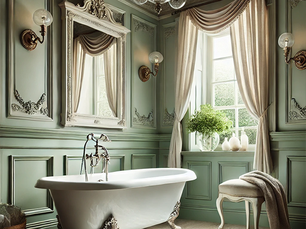 1. Classic bathroom with clawfoot tub, ornate mirrors, and green paneling. Victorian-style bathroom design.