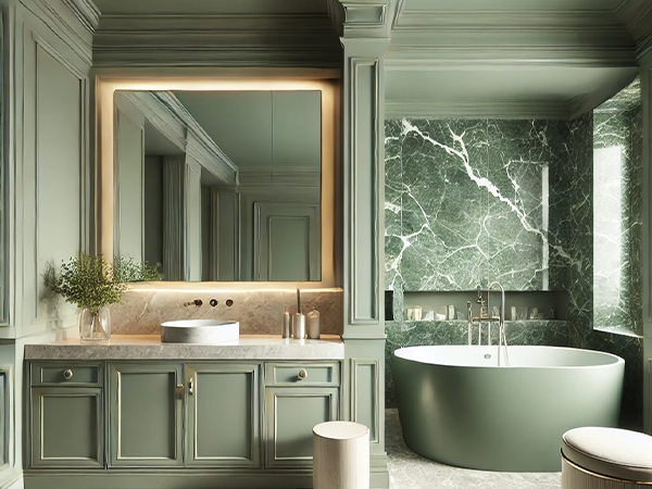 10. Modern sage green bathroom with marble accents, freestanding tub, and stylish vanity with backlit mirror.