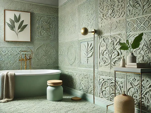 11. Intricate sage green bathroom with detailed wall tiles, freestanding tub, and elegant gold accents.