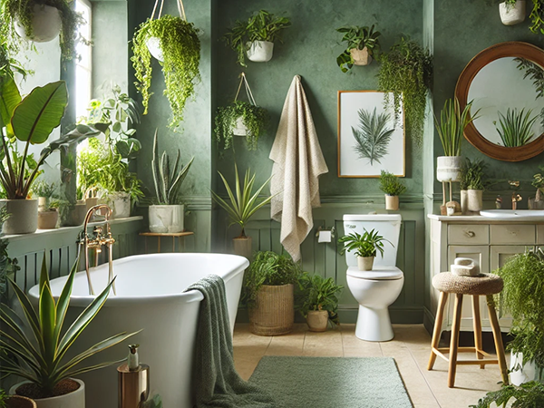 12. Lush sage green bathroom filled with plants, natural light, and a serene, botanical atmosphere.