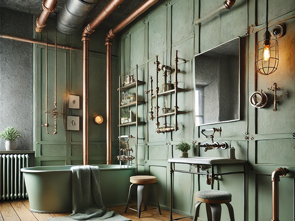 13. Industrial sage green bathroom with exposed copper pipes, freestanding tub, and modern industrial decor.