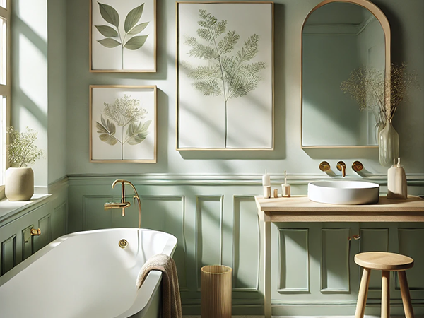 14. Elegant bathroom with sage green walls, white fixtures, and wooden accents. Classic bathroom decor ideas.