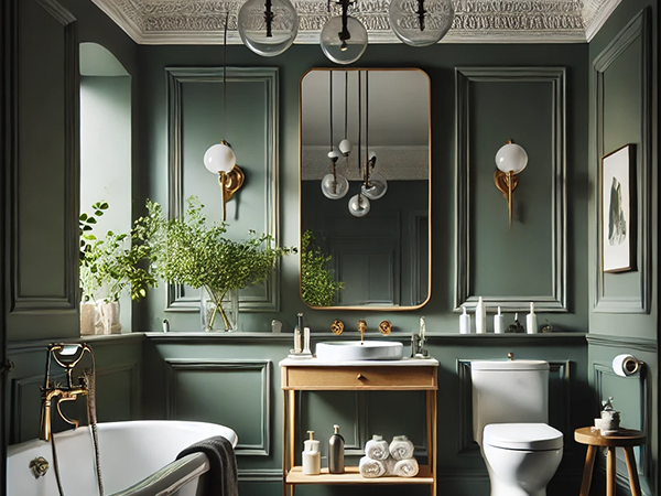 15. Luxurious dark sage green bathroom featuring a freestanding tub, gold fixtures, and elegant decor.