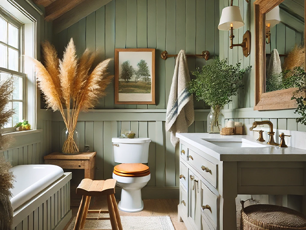 16. Cozy rustic bathroom with sage green wooden panel walls, exposed beams, a white vanity, and decorative dried plants.