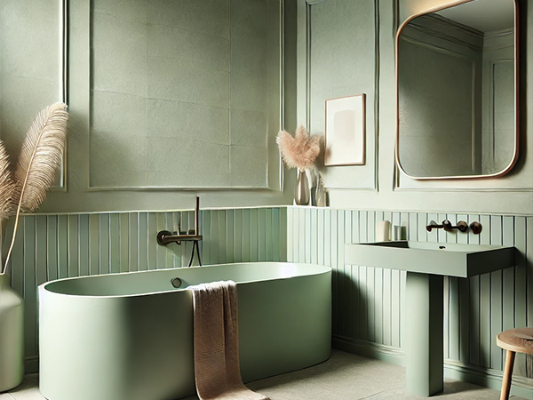 17. Minimalist bathroom with sage green walls, simple decor, and modern fixtures. Clean and modern bathroom design.