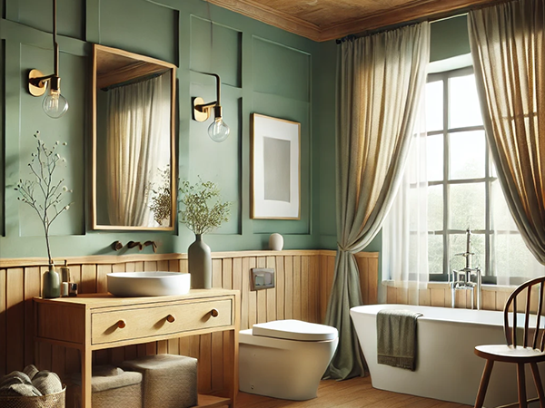 18. Elegant sage green bathroom with wooden vanity, round mirrors, and freestanding tub in cozy, modern design.