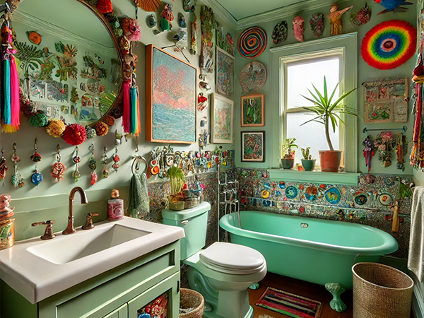 19. Eclectic bathroom with sage green fixtures, colorful decor, and mosaic tiles. Bohemian bathroom inspiration.