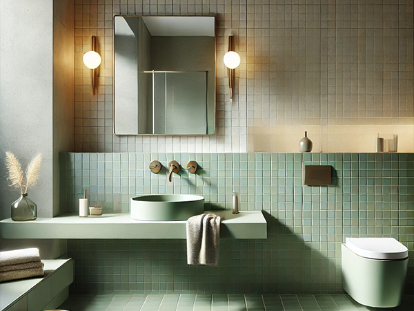 2. Minimalist sage green bathroom with modern fixtures, clean lines, and elegant simplicity.