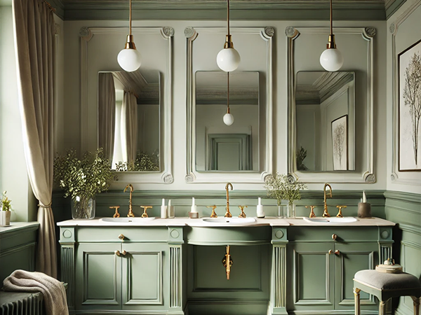 20. Luxury bathroom with sage green paneling, double sinks, and brass accents. High-end bathroom decor.