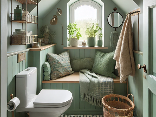 21. Cozy green bathroom featuring nook seating, compact design, and modern amenities.