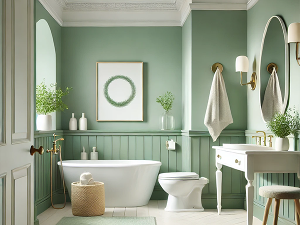 22. Elegant bathroom with sage green walls, white wainscoting, a white freestanding tub, gold fixtures, and modern decor.