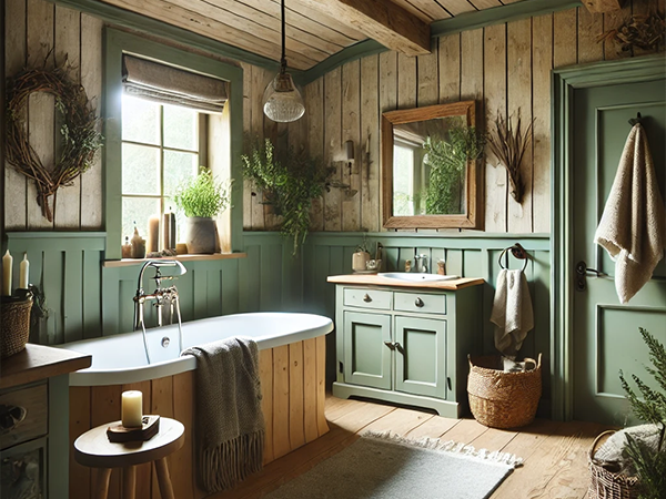 3. Rustic bathroom with green sage paneling, wooden accents, and natural light. Cozy bathroom design.