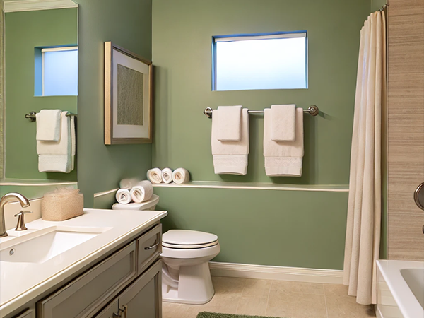 4. Elegant bathroom with sage green walls, white fixtures, and rolled towels. Modern bathroom design ideas.