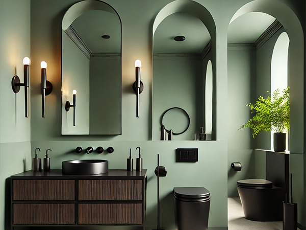 5. Stylish bathroom with sage green walls, modern black fixtures, and arched mirrors. Bathroom decor inspiration.