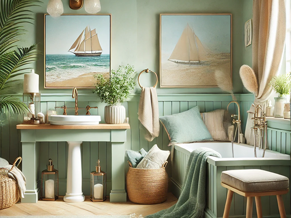 7. Coastal sage green bathroom with nautical decor, freestanding tub, and relaxing seaside ambiance.