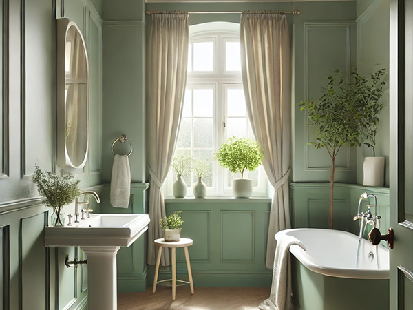 9. Bright bathroom with large windows, sage green walls, and natural decor. Fresh and airy bathroom design.