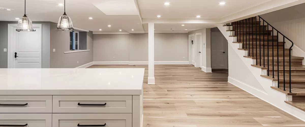 A spacious, modern basement renovation featuring a white countertop with copy space and a staircase with copy space